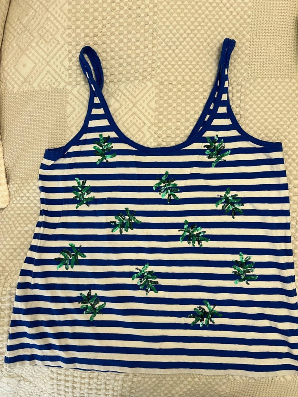 J. Crew Blue and White Striped Sequin Palm Tank Top size M
